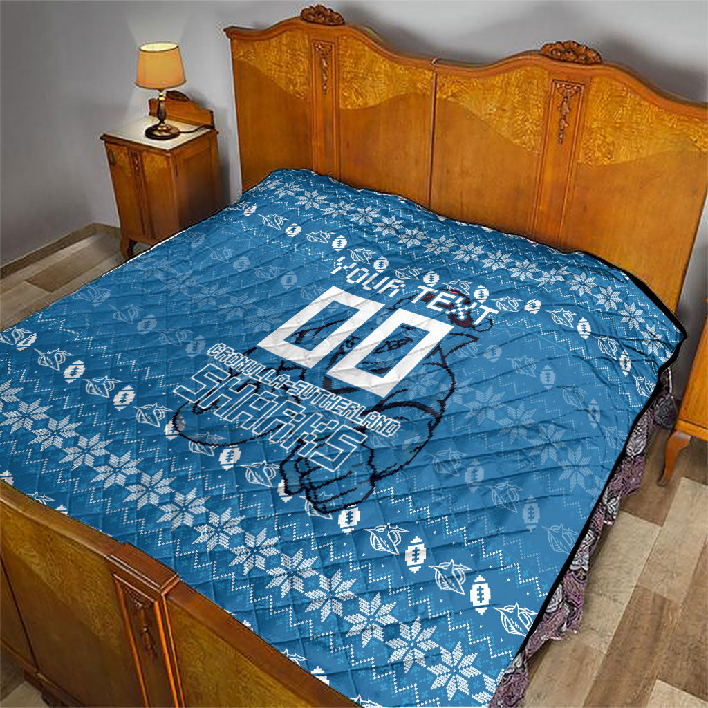 Personalized Cronulla Sharks Christmas Quilt Australian Rugby Fans - Pixelated Ugly Xmas Pattern Mascot Santa