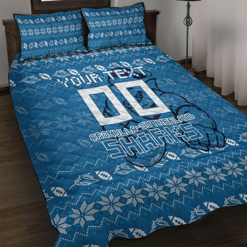 Personalized Cronulla Sharks Christmas Quilt Bed Set Australian Rugby Fans - Pixelated Ugly Xmas Pattern Mascot Santa