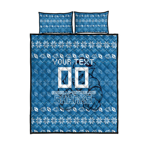 Personalized Cronulla Sharks Christmas Quilt Bed Set Australian Rugby Fans - Pixelated Ugly Xmas Pattern Mascot Santa