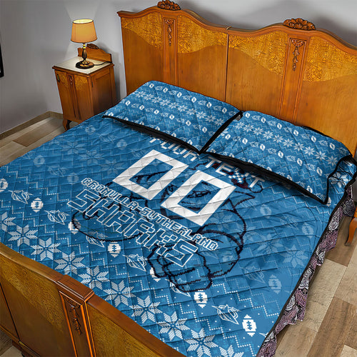 Personalized Cronulla Sharks Christmas Quilt Bed Set Australian Rugby Fans - Pixelated Ugly Xmas Pattern Mascot Santa