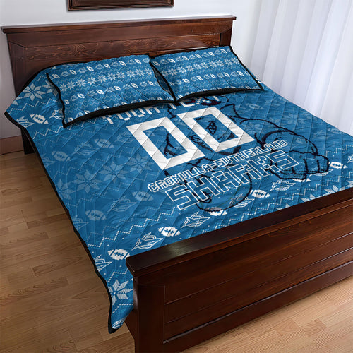 Personalized Cronulla Sharks Christmas Quilt Bed Set Australian Rugby Fans - Pixelated Ugly Xmas Pattern Mascot Santa