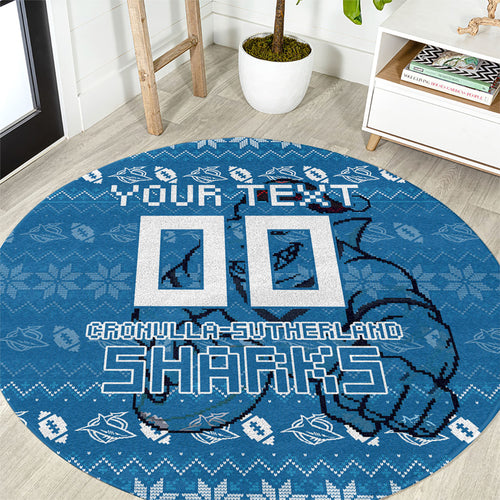 Personalized Cronulla Sharks Christmas Round Carpet Australian Rugby Fans - Pixelated Ugly Xmas Pattern Mascot Santa