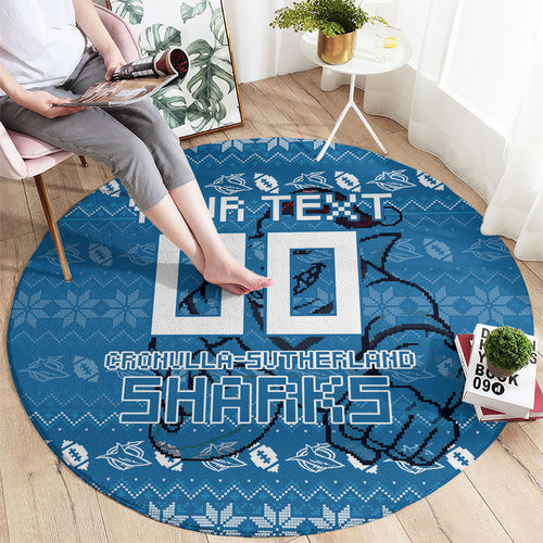 Personalized Cronulla Sharks Christmas Round Carpet Australian Rugby Fans - Pixelated Ugly Xmas Pattern Mascot Santa
