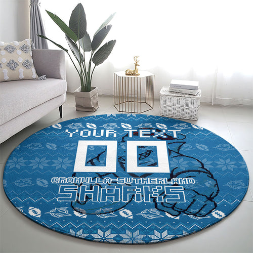 Personalized Cronulla Sharks Christmas Round Carpet Australian Rugby Fans - Pixelated Ugly Xmas Pattern Mascot Santa