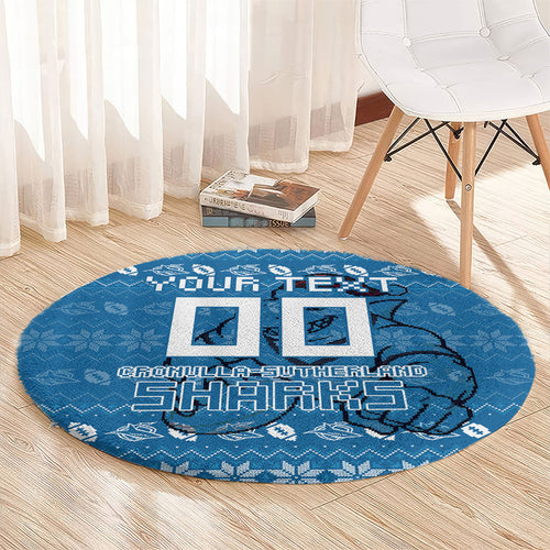 Personalized Cronulla Sharks Christmas Round Carpet Australian Rugby Fans - Pixelated Ugly Xmas Pattern Mascot Santa