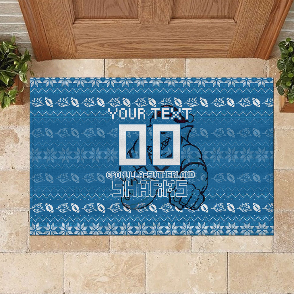 Personalized Cronulla Sharks Christmas Rubber Doormat Australian Rugby Fans - Pixelated Ugly Xmas Pattern Mascot Santa