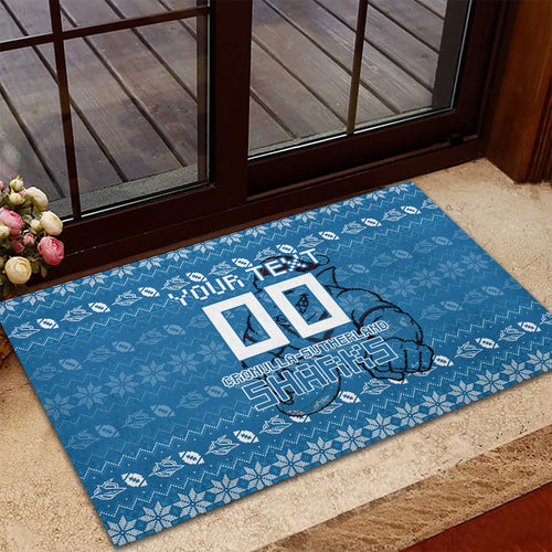 Personalized Cronulla Sharks Christmas Rubber Doormat Australian Rugby Fans - Pixelated Ugly Xmas Pattern Mascot Santa