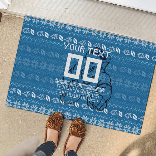 Personalized Cronulla Sharks Christmas Rubber Doormat Australian Rugby Fans - Pixelated Ugly Xmas Pattern Mascot Santa