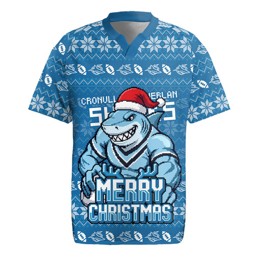 Personalized Cronulla Sharks Christmas Rugby Jersey Australian Rugby Fans - Pixelated Ugly Xmas Pattern Mascot Santa