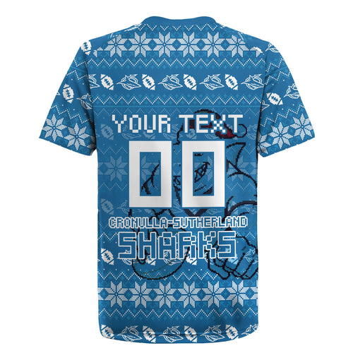 Personalized Cronulla Sharks Christmas Rugby Jersey Australian Rugby Fans - Pixelated Ugly Xmas Pattern Mascot Santa