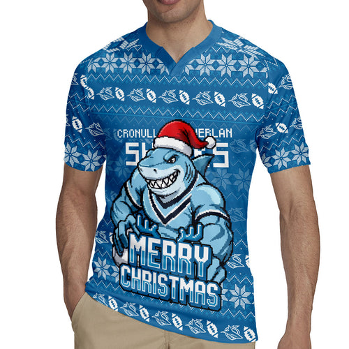 Personalized Cronulla Sharks Christmas Rugby Jersey Australian Rugby Fans - Pixelated Ugly Xmas Pattern Mascot Santa