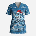 Personalized Cronulla Sharks Christmas Scrub Top Australian Rugby Fans - Pixelated Ugly Xmas Pattern Mascot Santa