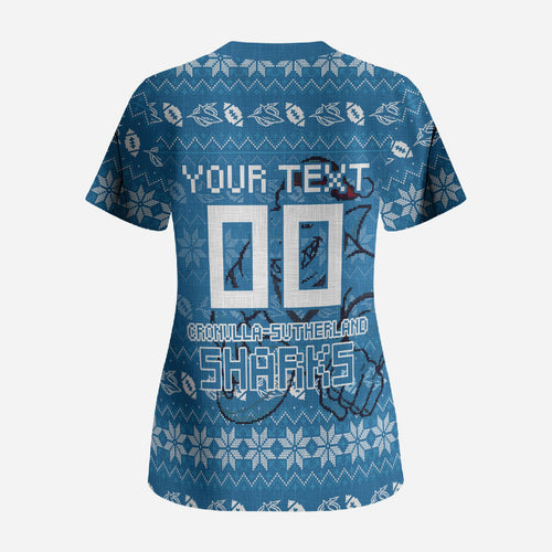 Personalized Cronulla Sharks Christmas Scrub Top Australian Rugby Fans - Pixelated Ugly Xmas Pattern Mascot Santa