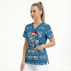 Personalized Cronulla Sharks Christmas Scrub Top Australian Rugby Fans - Pixelated Ugly Xmas Pattern Mascot Santa