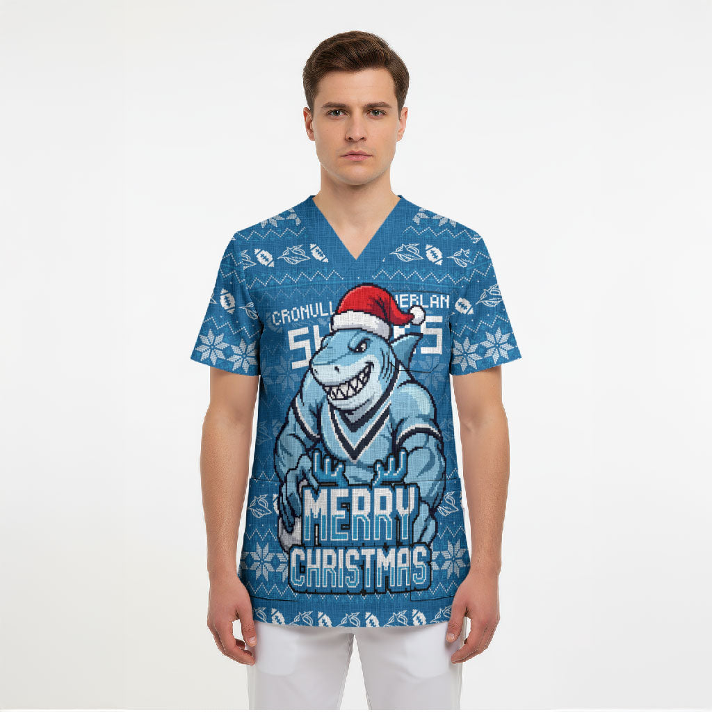 Personalized Cronulla Sharks Christmas Scrub Top Australian Rugby Fans - Pixelated Ugly Xmas Pattern Mascot Santa