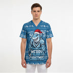 Personalized Cronulla Sharks Christmas Scrub Top Australian Rugby Fans - Pixelated Ugly Xmas Pattern Mascot Santa