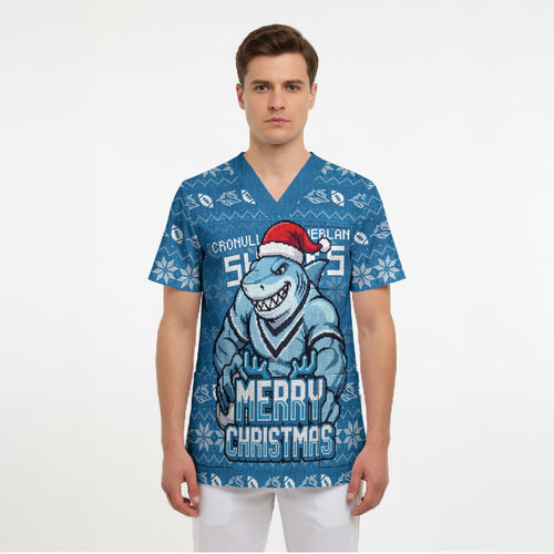 Personalized Cronulla Sharks Christmas Scrub Top Australian Rugby Fans - Pixelated Ugly Xmas Pattern Mascot Santa