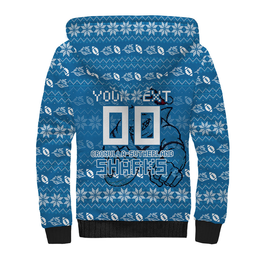 Personalized Cronulla Sharks Christmas Sherpa Hoodie Australian Rugby Fans - Pixelated Ugly Xmas Pattern Mascot Santa