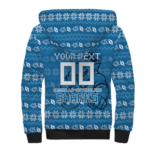 Personalized Cronulla Sharks Christmas Sherpa Hoodie Australian Rugby Fans - Pixelated Ugly Xmas Pattern Mascot Santa