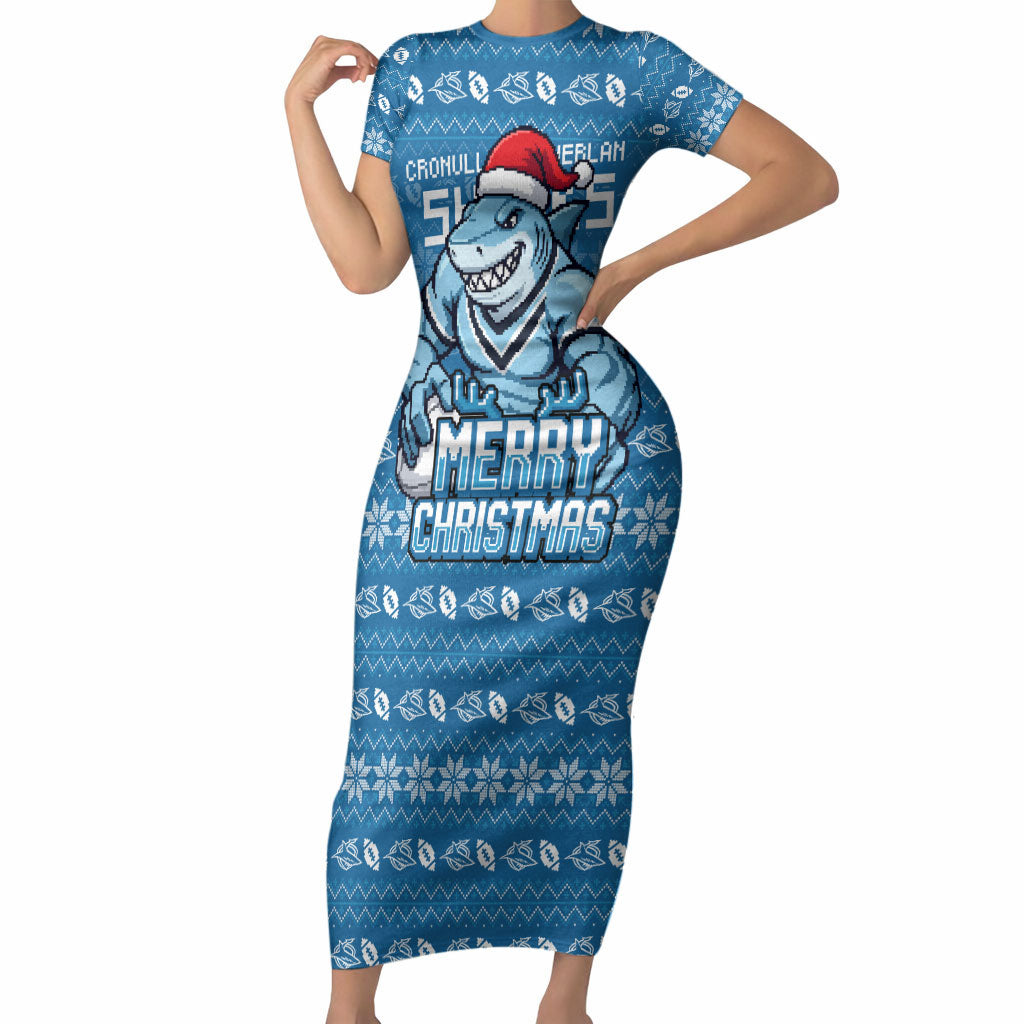 Personalized Cronulla Sharks Christmas Short Sleeve Bodycon Dress Australian Rugby Fans - Pixelated Ugly Xmas Pattern Mascot Santa