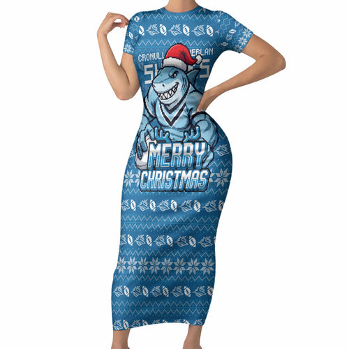 Personalized Cronulla Sharks Christmas Short Sleeve Bodycon Dress Australian Rugby Fans - Pixelated Ugly Xmas Pattern Mascot Santa