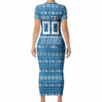 Personalized Cronulla Sharks Christmas Short Sleeve Bodycon Dress Australian Rugby Fans - Pixelated Ugly Xmas Pattern Mascot Santa