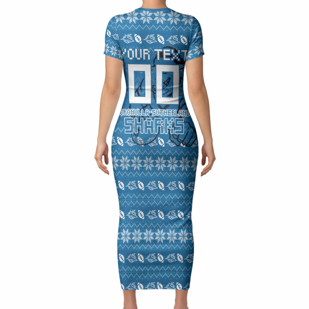 Personalized Cronulla Sharks Christmas Short Sleeve Bodycon Dress Australian Rugby Fans - Pixelated Ugly Xmas Pattern Mascot Santa