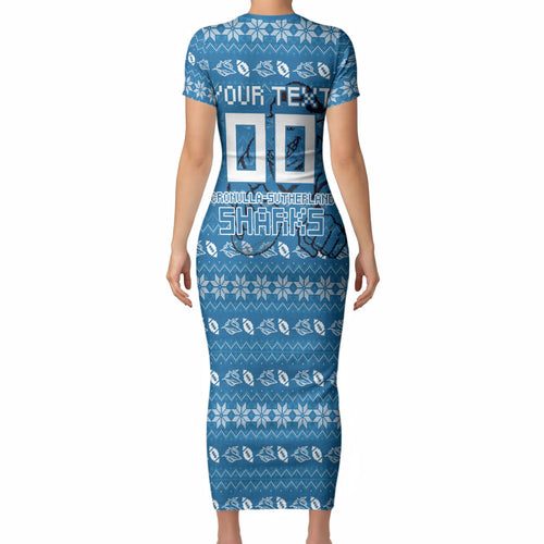 Personalized Cronulla Sharks Christmas Short Sleeve Bodycon Dress Australian Rugby Fans - Pixelated Ugly Xmas Pattern Mascot Santa