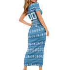 Personalized Cronulla Sharks Christmas Short Sleeve Bodycon Dress Australian Rugby Fans - Pixelated Ugly Xmas Pattern Mascot Santa
