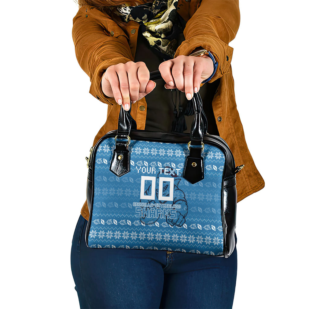 Personalized Cronulla Sharks Christmas Shoulder Handbag Australian Rugby Fans - Pixelated Ugly Xmas Pattern Mascot Santa