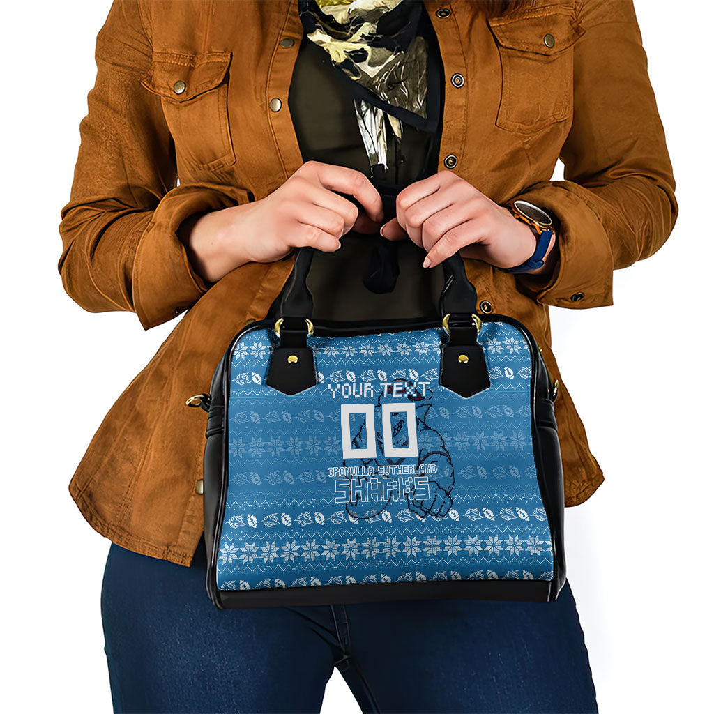 Personalized Cronulla Sharks Christmas Shoulder Handbag Australian Rugby Fans - Pixelated Ugly Xmas Pattern Mascot Santa