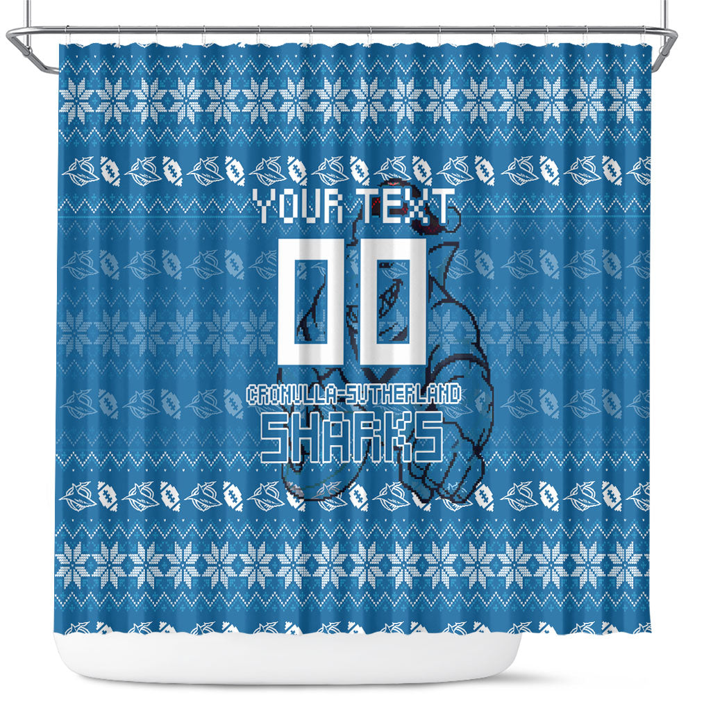Personalized Cronulla Sharks Christmas Shower Curtain Australian Rugby Fans - Pixelated Ugly Xmas Pattern Mascot Santa
