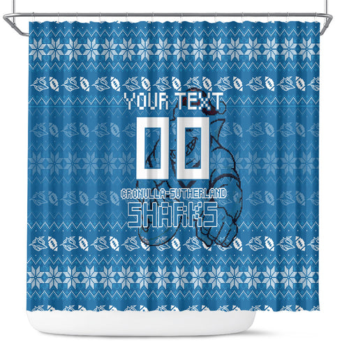 Personalized Cronulla Sharks Christmas Shower Curtain Australian Rugby Fans - Pixelated Ugly Xmas Pattern Mascot Santa
