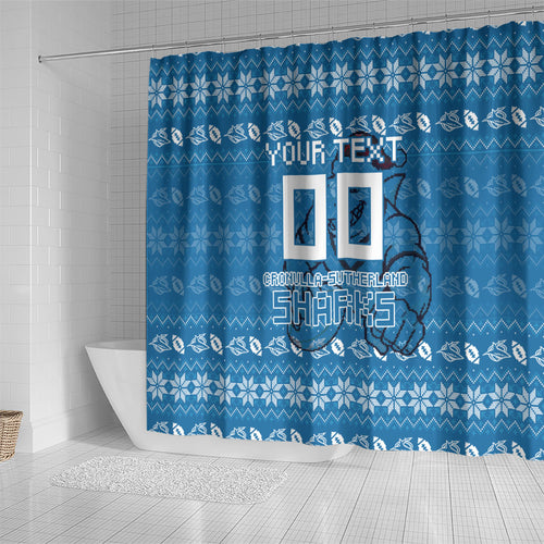 Personalized Cronulla Sharks Christmas Shower Curtain Australian Rugby Fans - Pixelated Ugly Xmas Pattern Mascot Santa