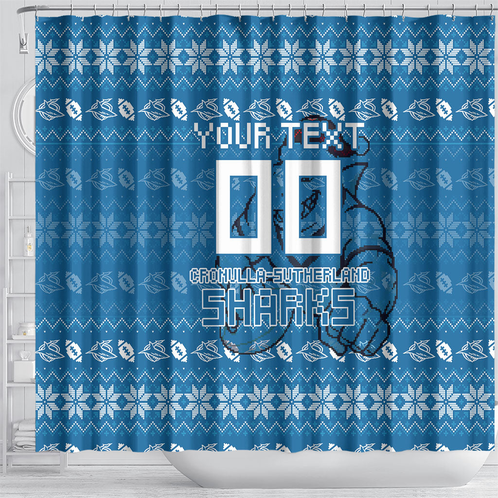 Personalized Cronulla Sharks Christmas Shower Curtain Australian Rugby Fans - Pixelated Ugly Xmas Pattern Mascot Santa