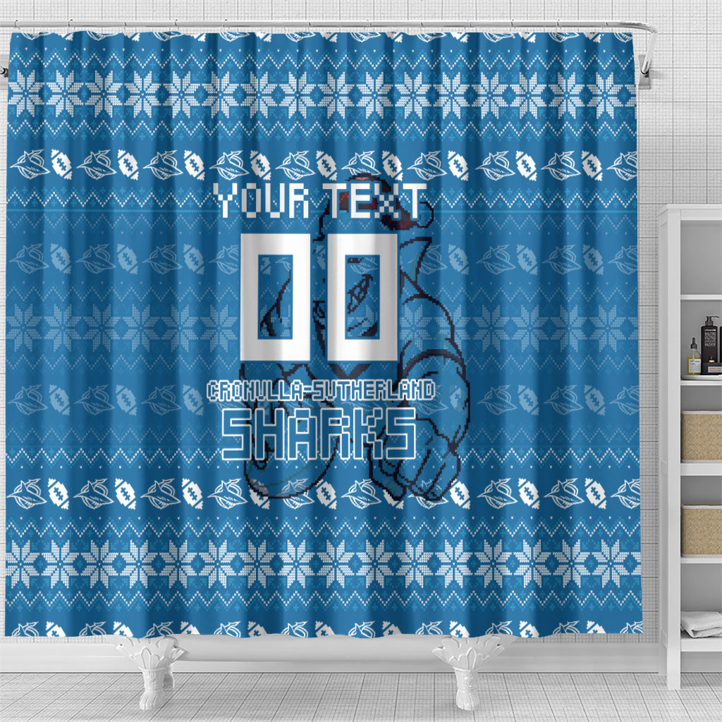 Personalized Cronulla Sharks Christmas Shower Curtain Australian Rugby Fans - Pixelated Ugly Xmas Pattern Mascot Santa