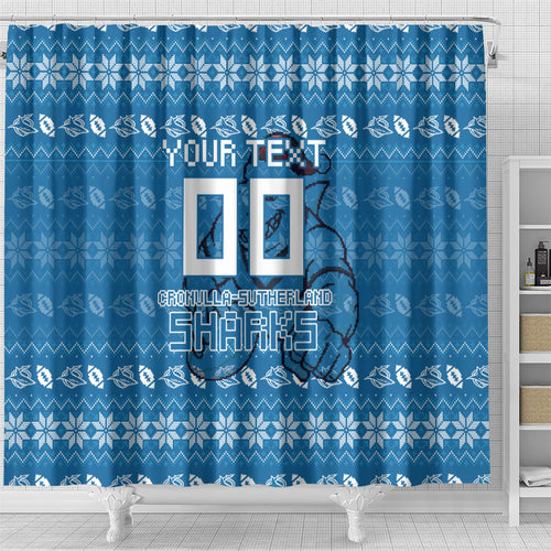 Personalized Cronulla Sharks Christmas Shower Curtain Australian Rugby Fans - Pixelated Ugly Xmas Pattern Mascot Santa