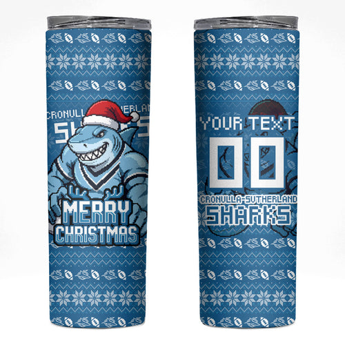 Personalized Cronulla Sharks Christmas Skinny Tumbler Australian Rugby Fans - Pixelated Ugly Xmas Pattern Mascot Santa