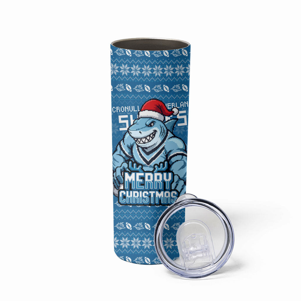 Personalized Cronulla Sharks Christmas Skinny Tumbler Australian Rugby Fans - Pixelated Ugly Xmas Pattern Mascot Santa