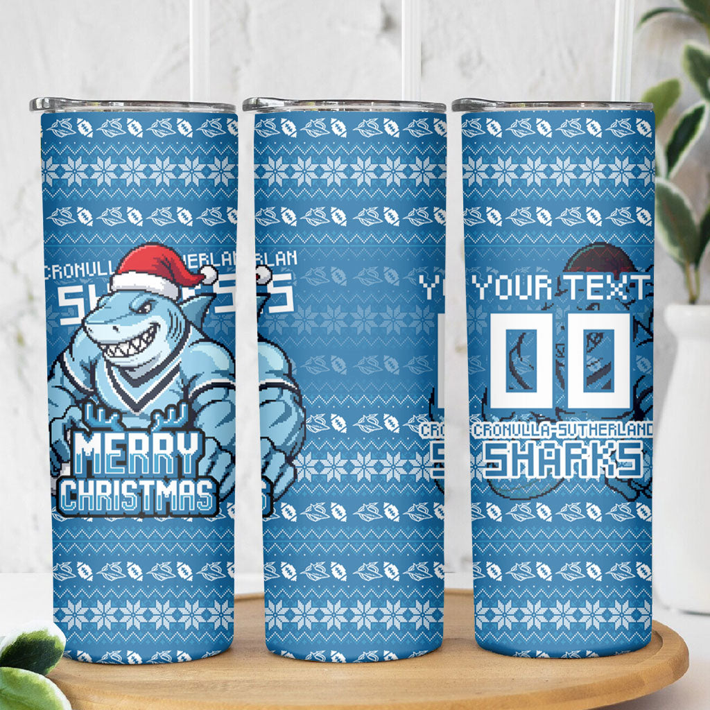 Personalized Cronulla Sharks Christmas Skinny Tumbler Australian Rugby Fans - Pixelated Ugly Xmas Pattern Mascot Santa