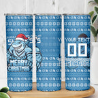Personalized Cronulla Sharks Christmas Skinny Tumbler Australian Rugby Fans - Pixelated Ugly Xmas Pattern Mascot Santa