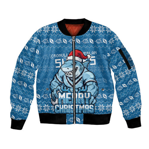 Personalized Cronulla Sharks Christmas Sleeve Zip Bomber Jacket Australian Rugby Fans - Pixelated Ugly Xmas Pattern Mascot Santa