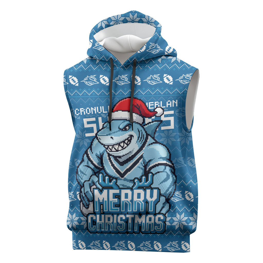 Personalized Cronulla Sharks Christmas Sleeveless Hoodie Australian Rugby Fans - Pixelated Ugly Xmas Pattern Mascot Santa