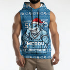 Personalized Cronulla Sharks Christmas Sleeveless Hoodie Australian Rugby Fans - Pixelated Ugly Xmas Pattern Mascot Santa