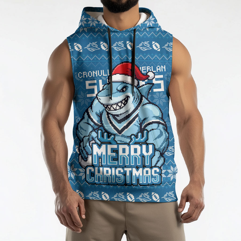 Personalized Cronulla Sharks Christmas Sleeveless Hoodie Australian Rugby Fans - Pixelated Ugly Xmas Pattern Mascot Santa