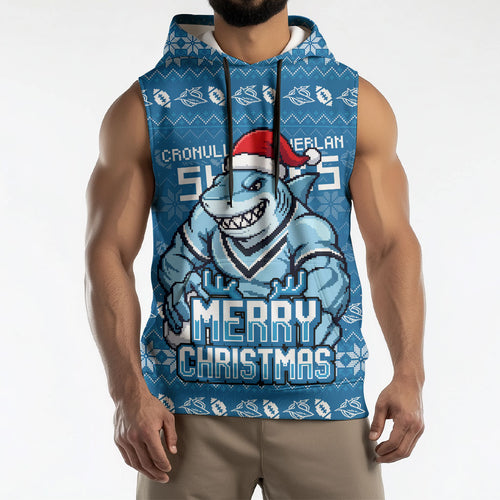Personalized Cronulla Sharks Christmas Sleeveless Hoodie Australian Rugby Fans - Pixelated Ugly Xmas Pattern Mascot Santa