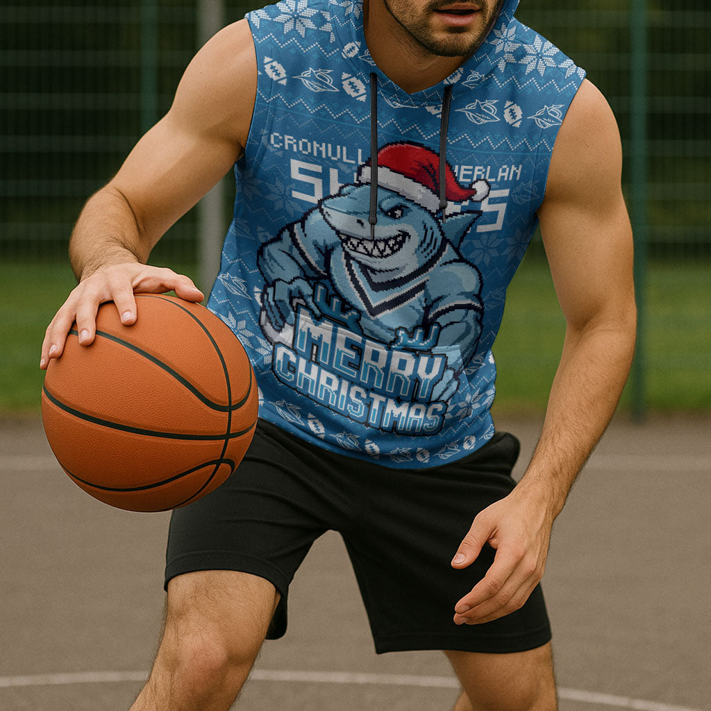 Personalized Cronulla Sharks Christmas Sleeveless Hoodie Australian Rugby Fans - Pixelated Ugly Xmas Pattern Mascot Santa