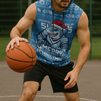 Personalized Cronulla Sharks Christmas Sleeveless Hoodie Australian Rugby Fans - Pixelated Ugly Xmas Pattern Mascot Santa