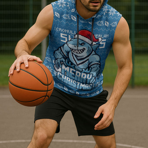 Personalized Cronulla Sharks Christmas Sleeveless Hoodie Australian Rugby Fans - Pixelated Ugly Xmas Pattern Mascot Santa