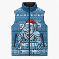 Personalized Cronulla Sharks Christmas Sleeveless Puffer Jacket Australian Rugby Fans - Pixelated Ugly Xmas Pattern Mascot Santa